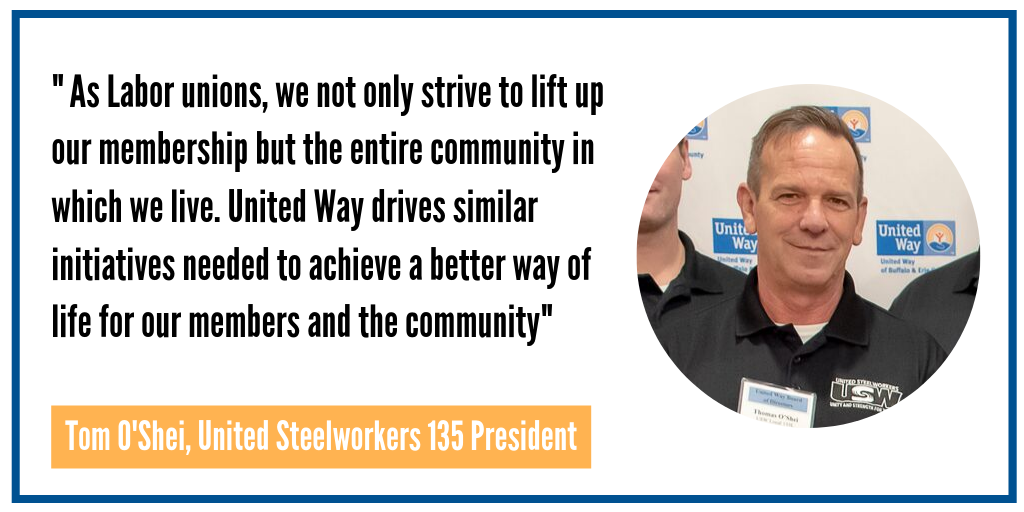 A quote from Tom O'Shei, United Steelworkers 135 president. He says " As Labor Unions, we not only strive to lift up our membership but the entire community in which we live. United Way drives similar initiatives needed to achieve a better way of life for our members and the community." 